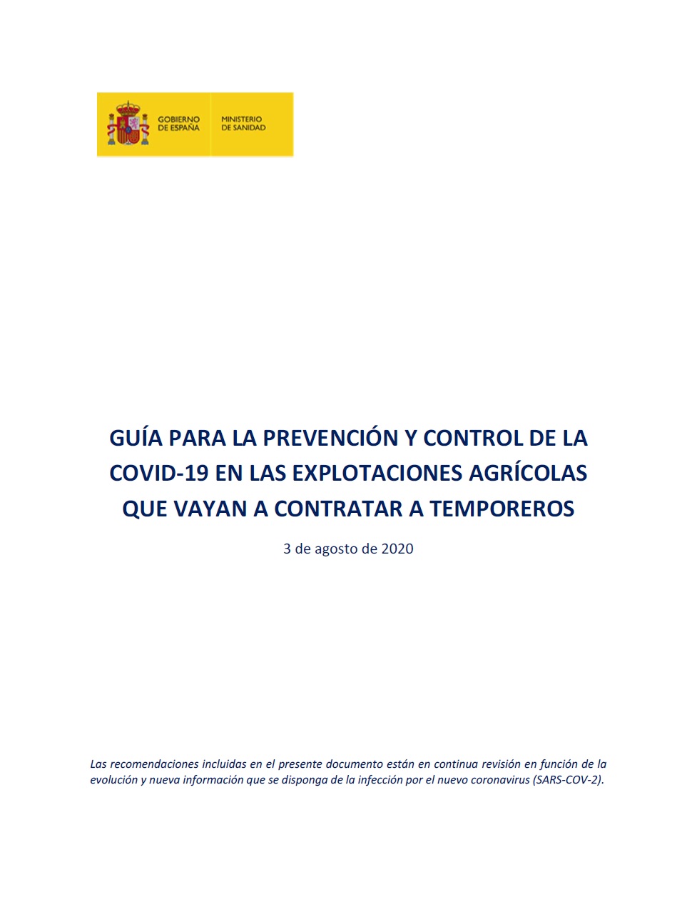 Guía para la Prevención y Control de COVID-19 en las explotaciones que vayan a contratar temporeros